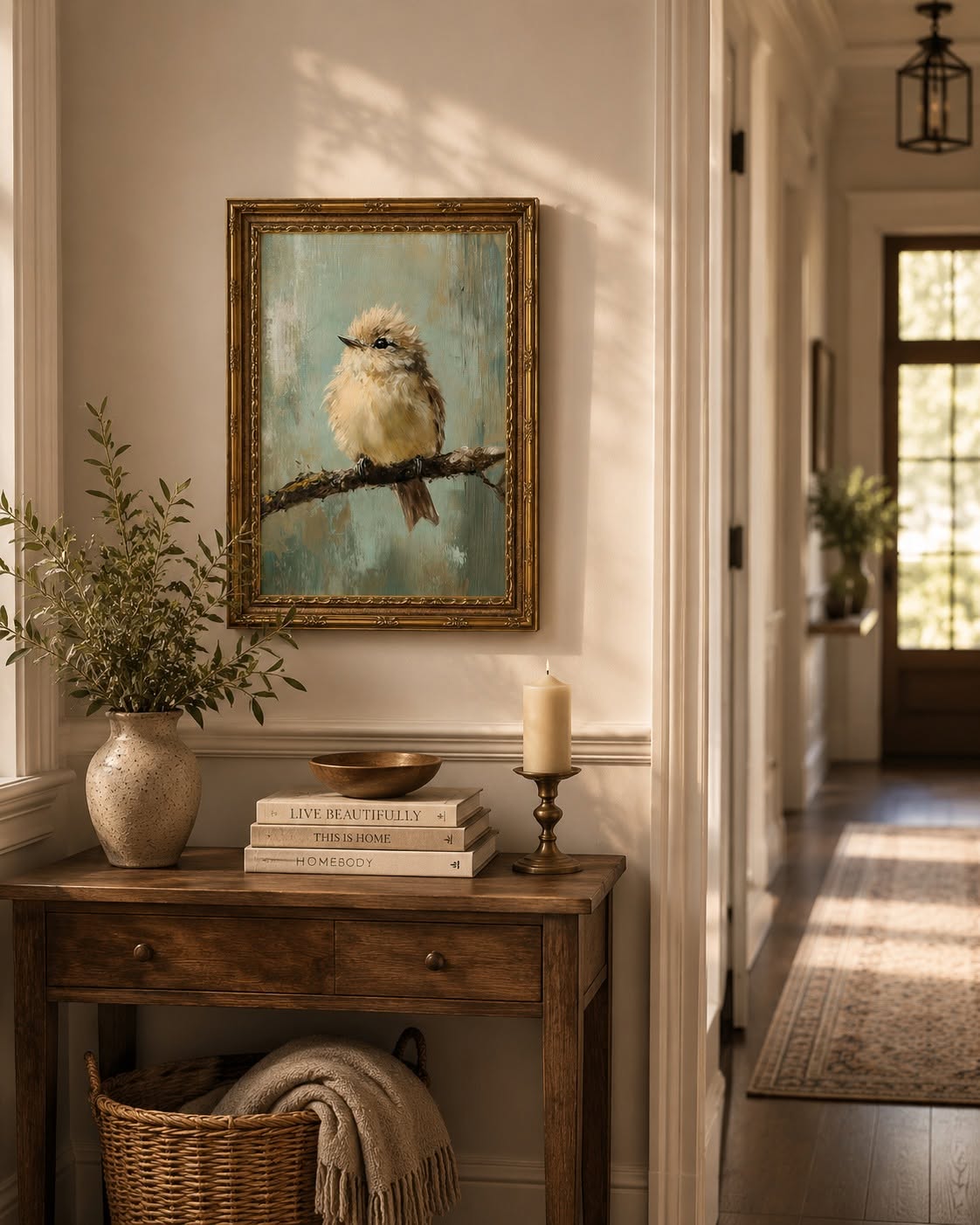 Vintage sparrow wall print in a classic frame